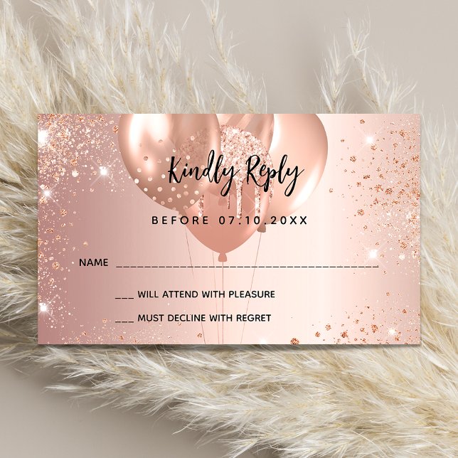 Tarjeta De Recepción Fiesta de globos rosas de oro de cumpleaños RSVP (Subido por el creador)
