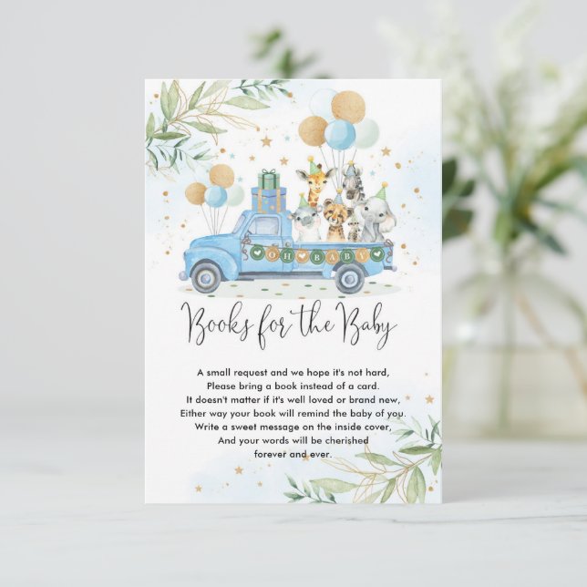 Tarjeta De Recepción Fiesta de la jungla Animales Globos azules Libros  (Anverso de pie)