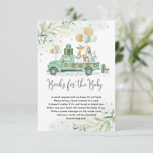 Tarjeta De Recepción Fiesta de la selva animales Libros de globos verde (Anverso de pie)