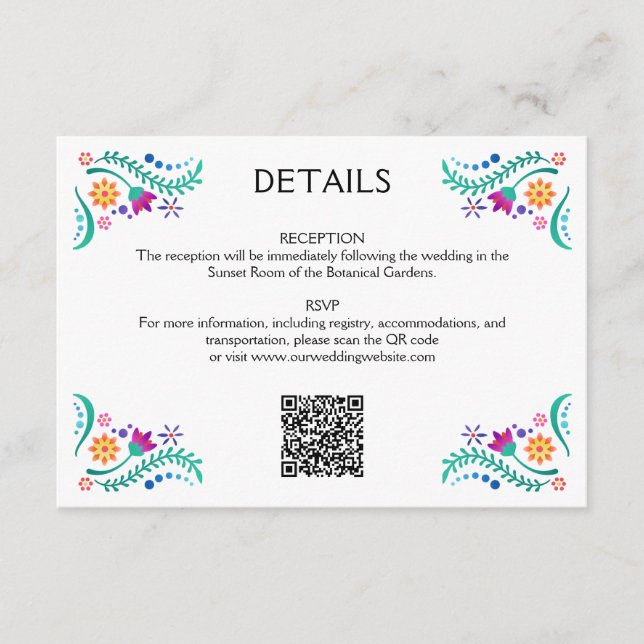Tarjeta De Recepción Fiesta Floral Boda QR Detalles (Anverso)