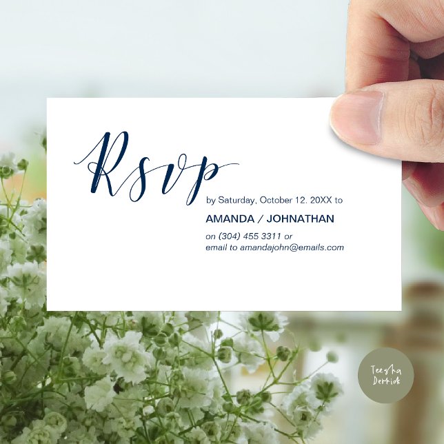 Tarjeta De Recepción Fiesta invita a RSVP, moderna y elegante Marina Az (Modern Wedding RSVP Invitation Card, Online reply, Email or phone, in navy blue)