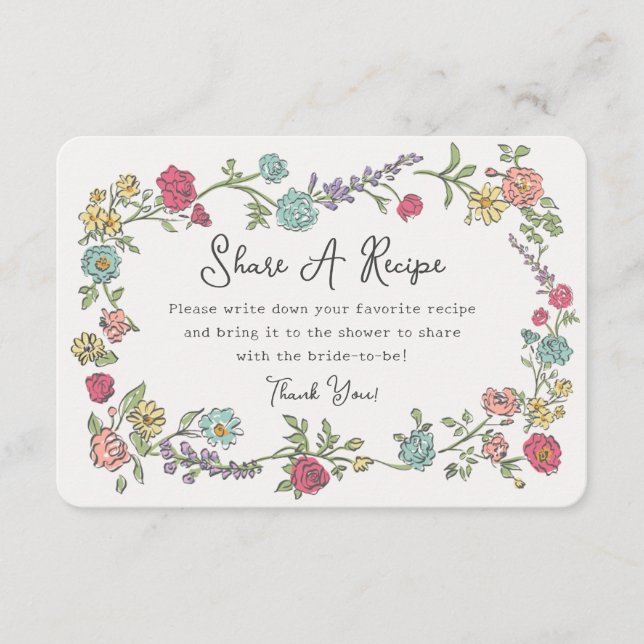 Tarjeta De Recepción Fiesta Jardín Verano Floral Compartir una receta I (Anverso)