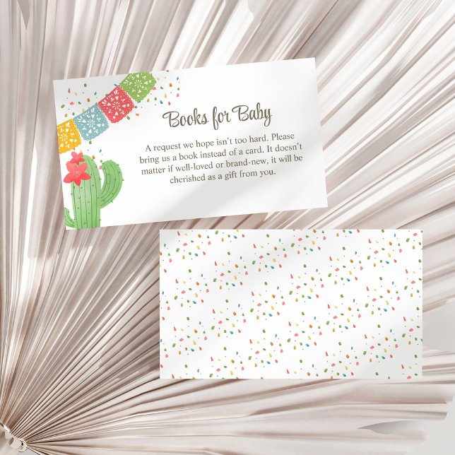 Tarjeta De Recepción Fiesta Mexicana Cactus Confetti Books para el bebé (Fiesta Mexicana Cactus Confetti Books for Baby Enclosure Card on a dry white fan palm leaf.)