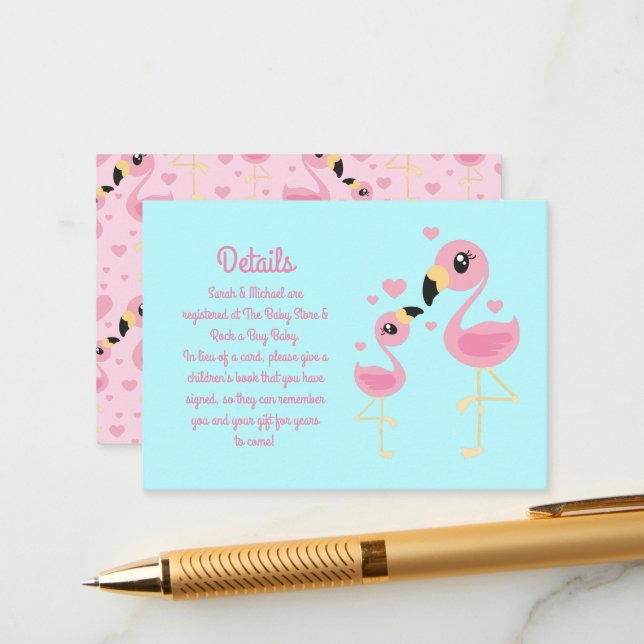 Tarjeta De Recepción Flamingo Baby Shower Cute Tropical (Anverso/Reverso In Situ)