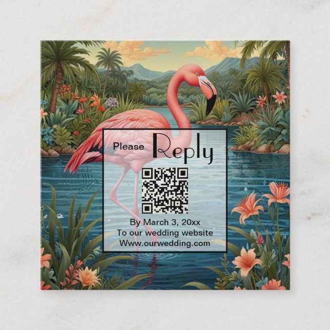 Tarjeta De Recepción Flamingo rosa personaliza código QR (Anverso)