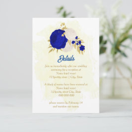 Tarjeta De Recepción flor azul real y blanca boda botánico de oro