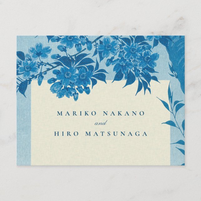Tarjeta De Recepción Flor de Cerezo Azul Japonesa Antigua (Anverso)
