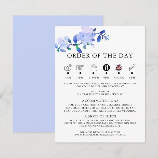 Tarjeta De Recepción flor de estilo acuarela azul polvoriento rústico & (Anverso / Reverso)