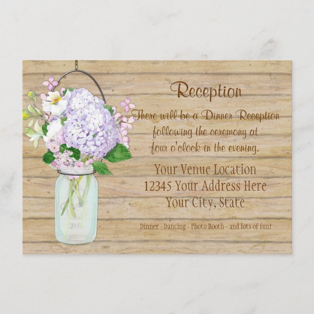 Tarjeta De Recepción Flor de Lavanda e Hortensias en Tarro de Mason Rús (Anverso)
