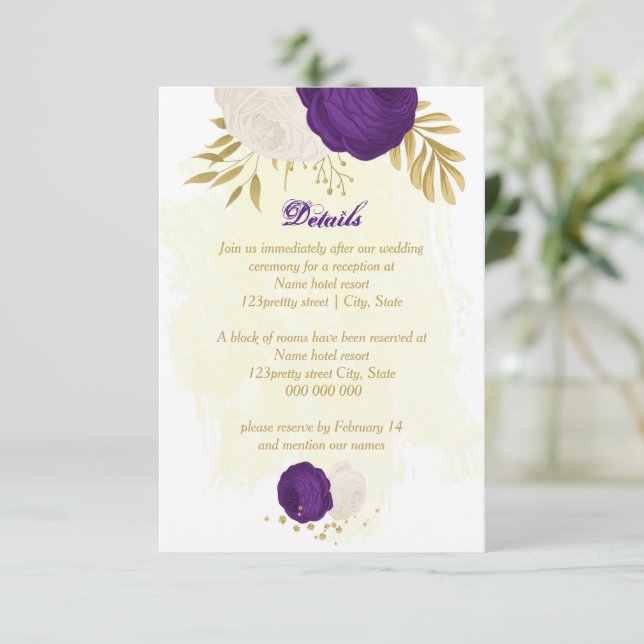 Tarjeta De Recepción flor real morado blanco boda botánico oro (Anverso de pie)