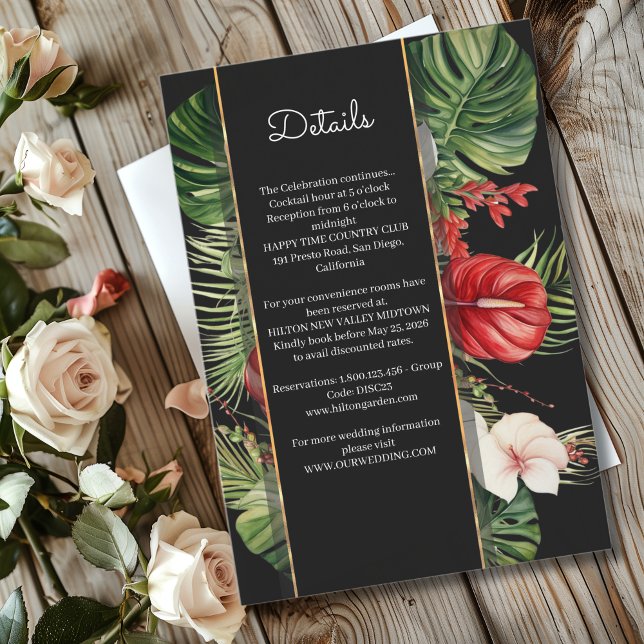 Tarjeta De Recepción Flor tropical y hojas detalles de boda oscuro (Subido por el creador)