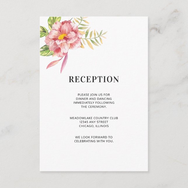 Tarjeta De Recepción Flora acuarela rosa | Banquete nupcial (Anverso)