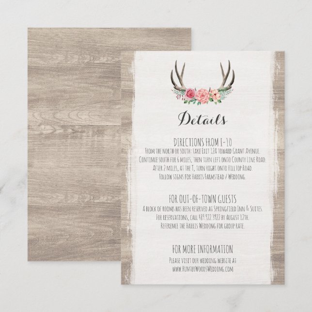 Tarjeta De Recepción Floral Antlers Detalles del Boda Rústico / Direcci (Anverso / Reverso)