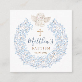 Tarjeta De Recepción Floral Azul Bebé Ángel Cruz Baptismo