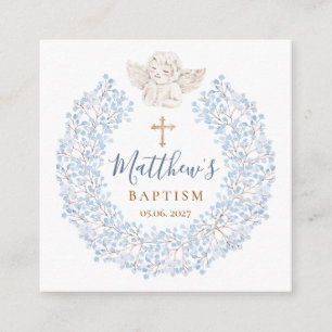 Tarjeta De Recepción Floral Azul Bebé Ángel Cruz Baptismo