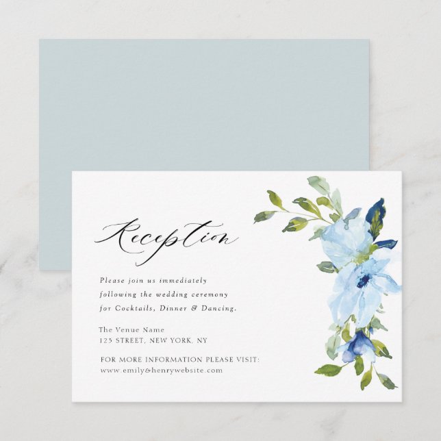 tarjeta de recepción floral azul claro (Anverso / Reverso)