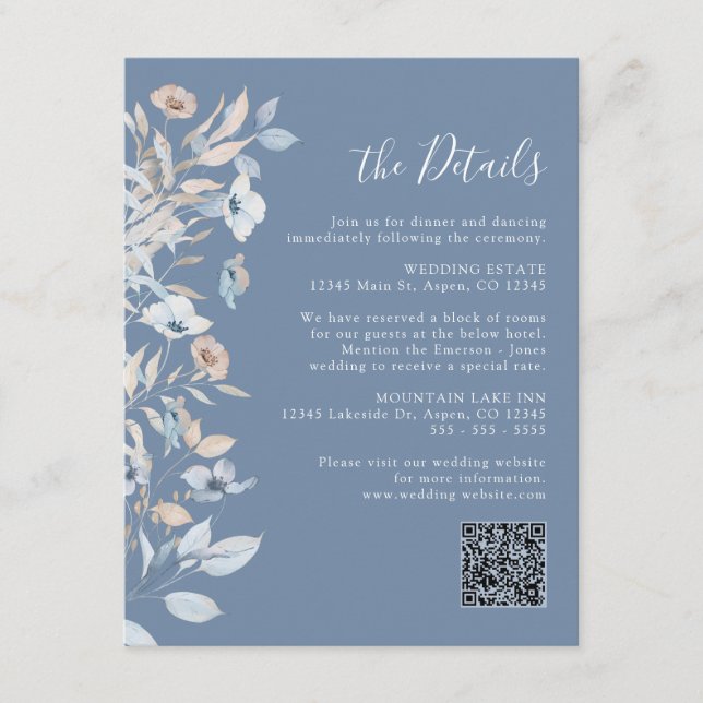 Tarjeta De Recepción Floral Azul Polvoriento (Anverso)