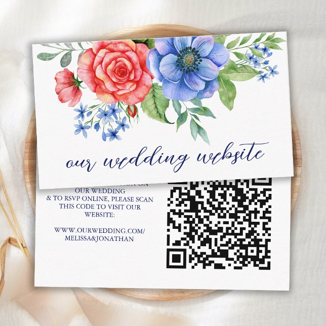 Tarjeta De Recepción Floral azul rojo Boda patriótico código QR (Subido por el creador)