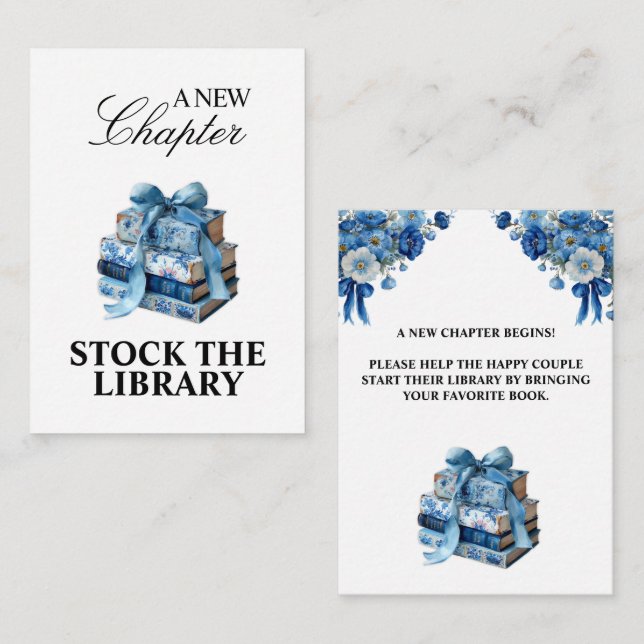 Tarjeta De Recepción Floral azul Un nuevo capítulo ducha de novia (Anverso / Reverso)