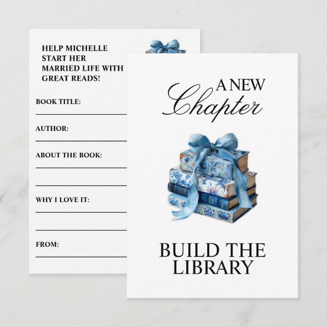 Tarjeta De Recepción Floral azul Un nuevo capítulo ducha de novia (Anverso / Reverso)