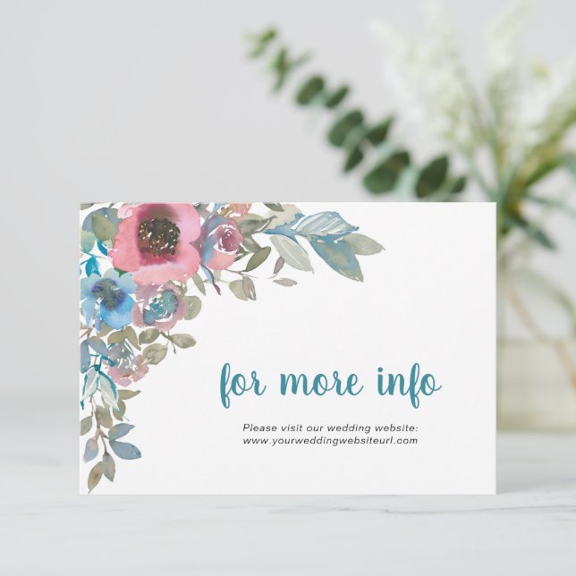 Tarjeta De Recepción Floral azul y acuarela rosa elegante y simple (Anverso de pie)