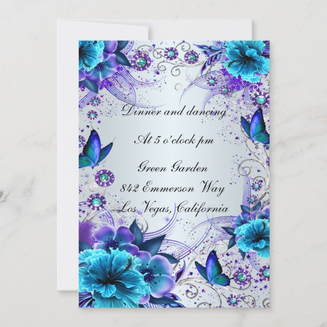 Tarjeta De Recepción Floral Azul Y Mariposa (Anverso)