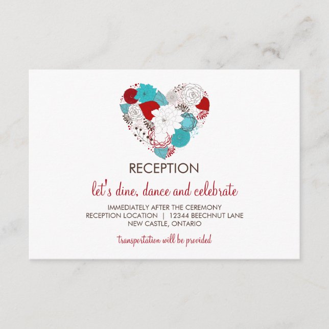 Tarjeta de recepción floral azul y roja (Anverso)