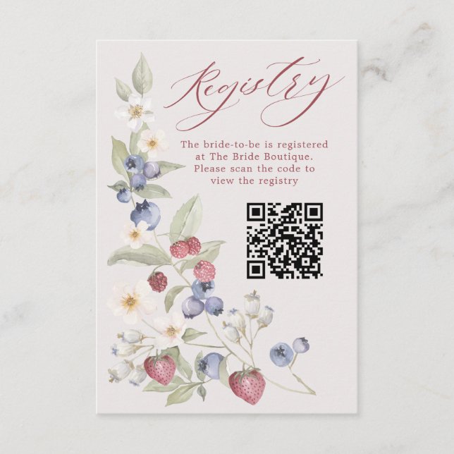 Tarjeta De Recepción Floral Berry Sweet Bridal Shower QR Code Registry (Anverso)
