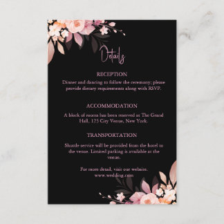 Tarjeta De Recepción Floral Black & Blush Rose Wedding