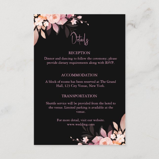 Tarjeta De Recepción Floral Black & Blush Rose Wedding (Anverso)