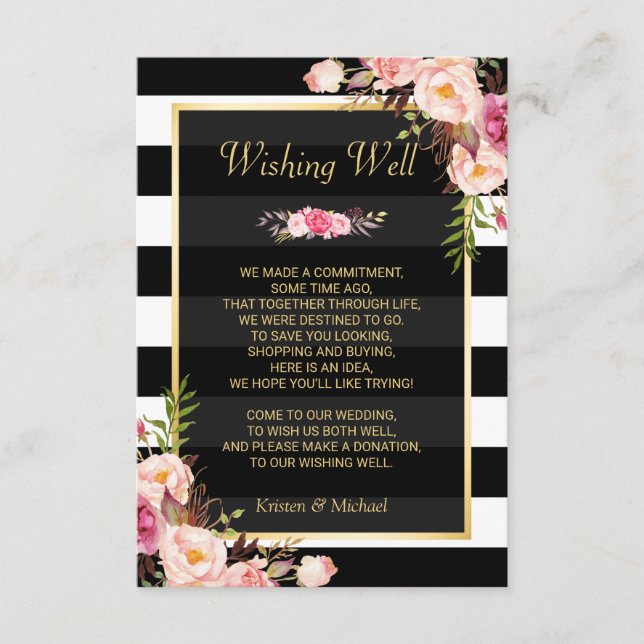 Tarjeta De Recepción Floral Black White Stripes | Boda Deseando Bien (Anverso)