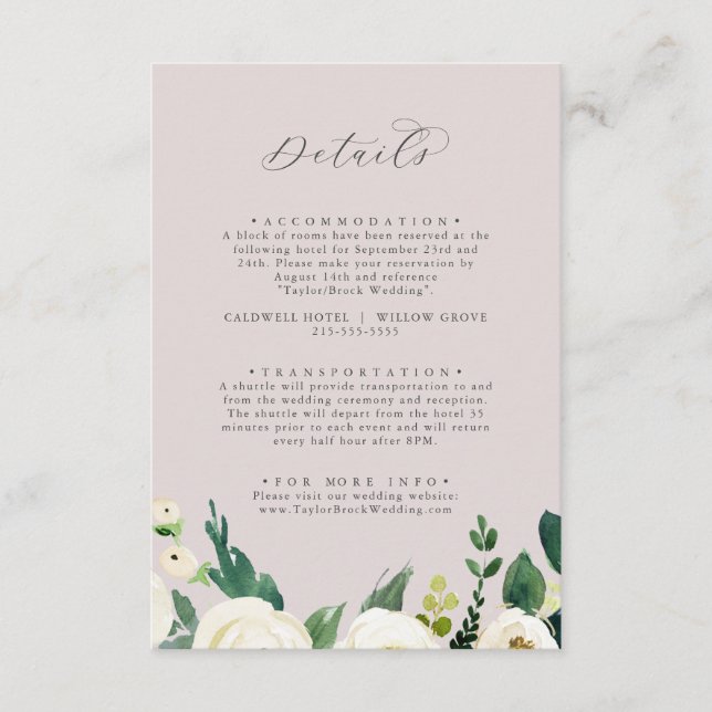 Tarjeta De Recepción Floral blanca elegante | Detalles del Boda Rubor M (Anverso)