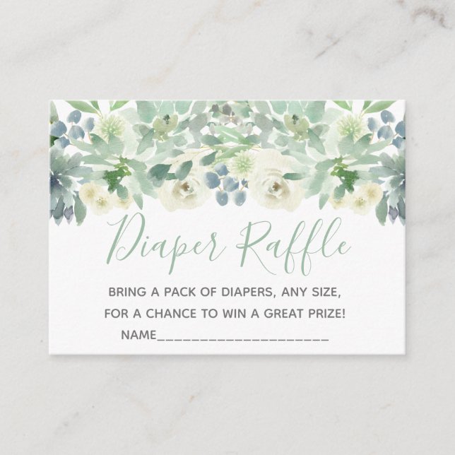 Tarjeta De Recepción Floral blanca Suculento Baby Shower Diaper Raffle (Anverso)