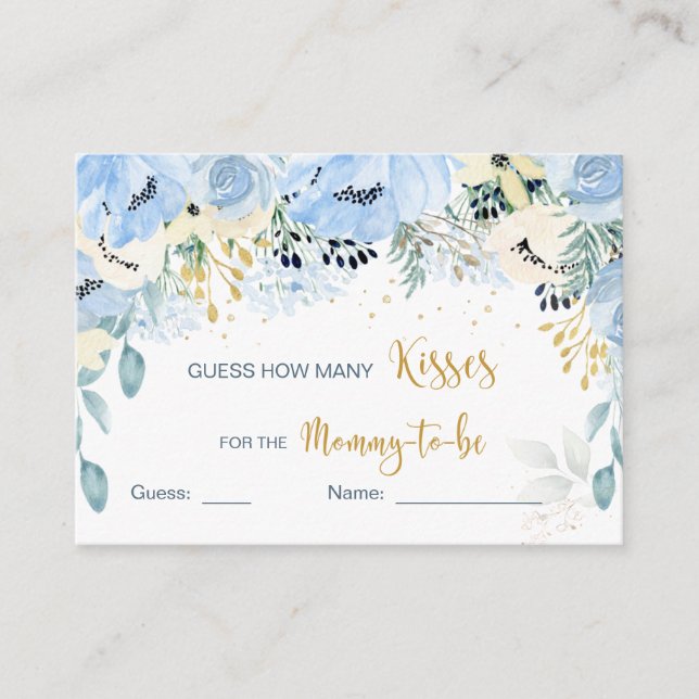 Tarjeta De Recepción Floral Blue Baby Shower adivina cuántos besos (Anverso)