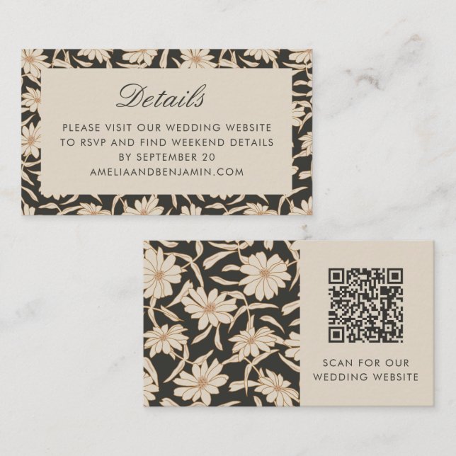 Tarjeta De Recepción Floral Botanical Black Ivory Wedding RSVP QR Code (Anverso / Reverso)