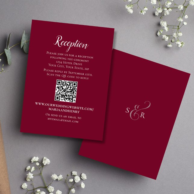 Tarjeta De Recepción Floral Burgundy Elegant Wedding Receptor RSVP (Burgundy solid colored reception card.)
