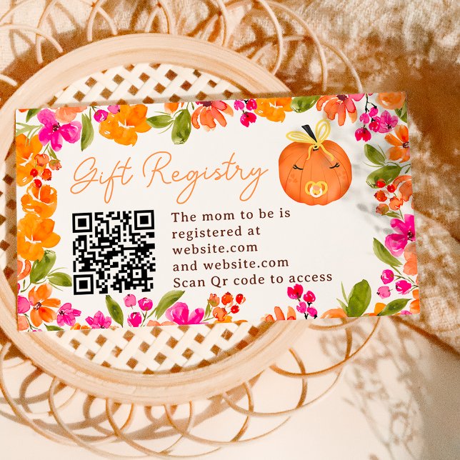 Tarjeta De Recepción Floral Caída lindo registro de calabazas bebé duch (Floral Fall cute pumpkin registry baby shower Enclosure Card)