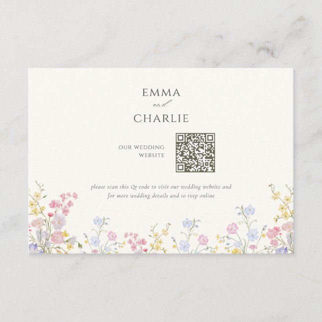 Tarjeta De Recepción Floral Calligraphy QR Code Wedding Website (Anverso)