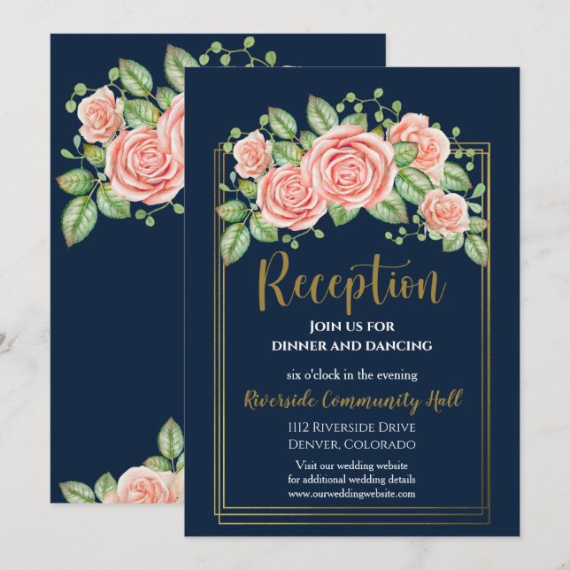 Tarjeta de Recepción Floral con Tono Dorado y Azul (Anverso / Reverso)