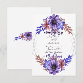Tarjeta De Recepción Floral De Acuarela Púrpura Y Azul Ahorra La Fecha
