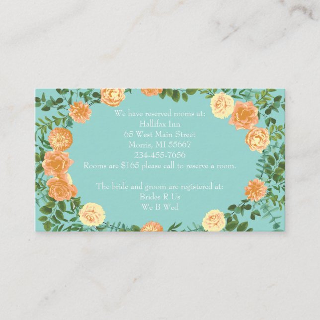 Tarjeta De Recepción Floral de Bodas Verde azulados de Peach Aqua (Anverso)