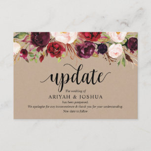 Tarjeta De Recepción Floral de Borgoña, Kraft, negro, Boda pospone