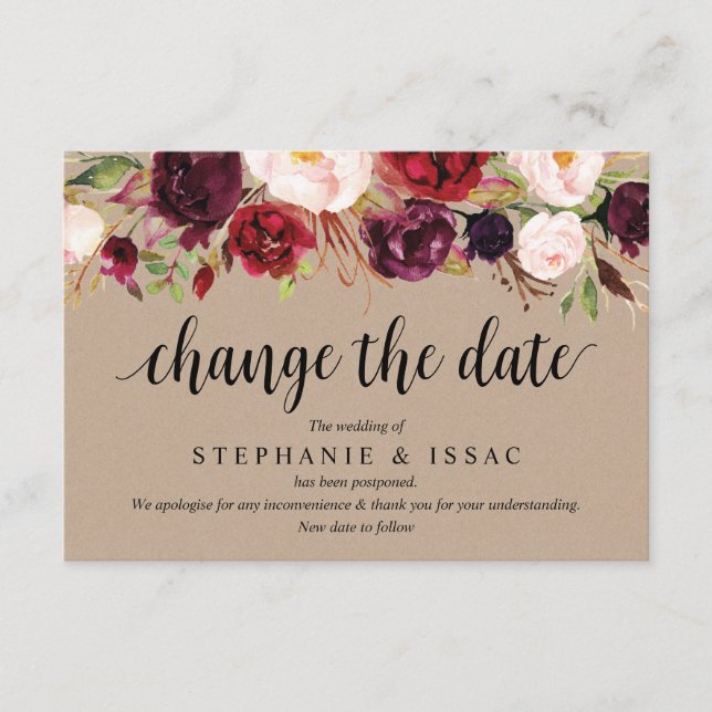 Tarjeta De Recepción Floral de Borgoña, Kraft, negro, Boda pospone (Anverso)