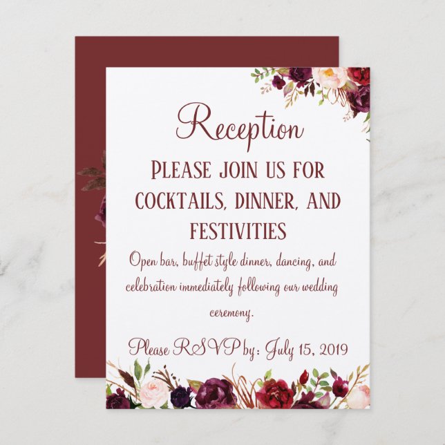 Tarjeta de recepción floral de Borgoña para boda (Anverso / Reverso)
