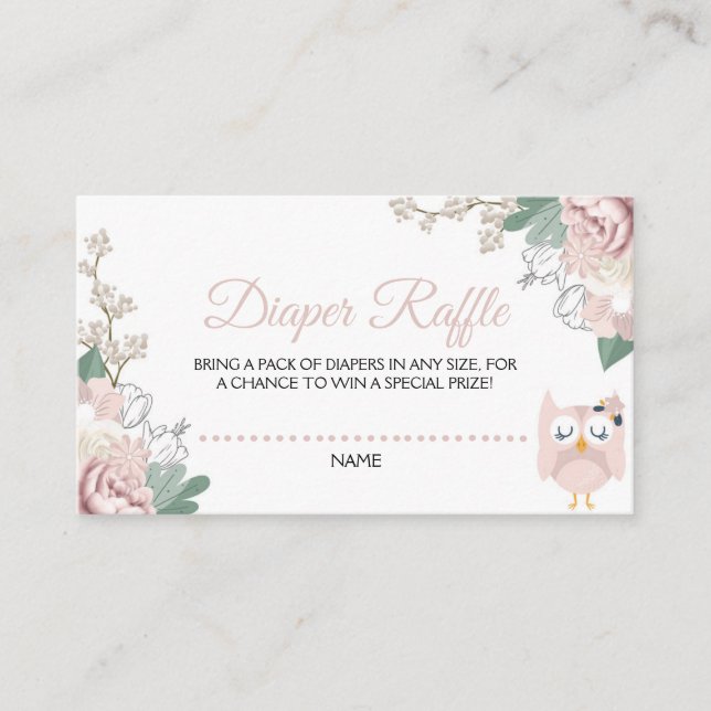 Tarjeta De Recepción Floral de búho rosa Baby Shower Diaper Raffle (Anverso)