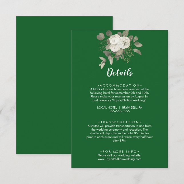 Tarjeta De Recepción Floral de invierno | Detalles del Boda verde (Anverso / Reverso)
