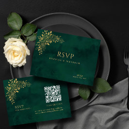 Tarjeta De Recepción Floral de oro verde esmeralda código QR Boda RSVP