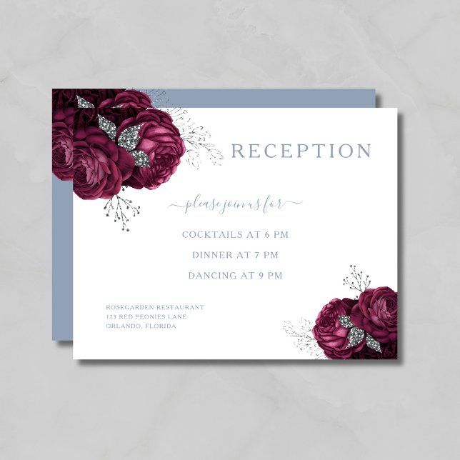 Tarjeta De Recepción Floral Dusty Blue Burgundy Wedding (Floral Dusty Blue Burgundy Wedding Reception Enclosure Card)
