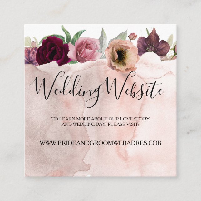 Tarjeta De Recepción Floral Dusty Rosa y Burgundy Boda Website (Anverso)