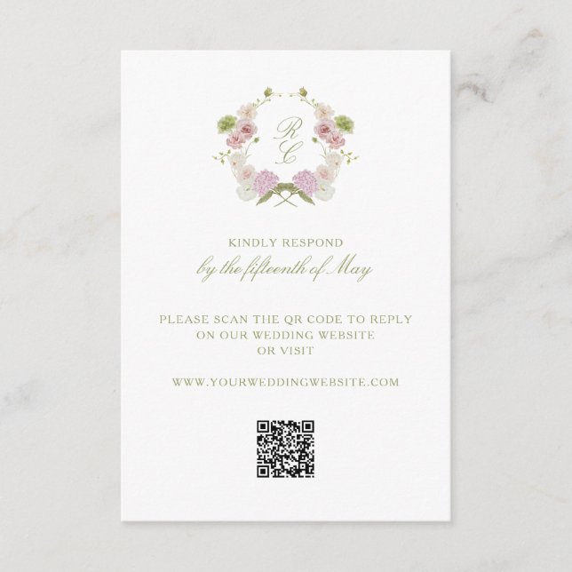 Tarjeta De Recepción Floral Elegance Monogram Crest Wedding (Anverso)